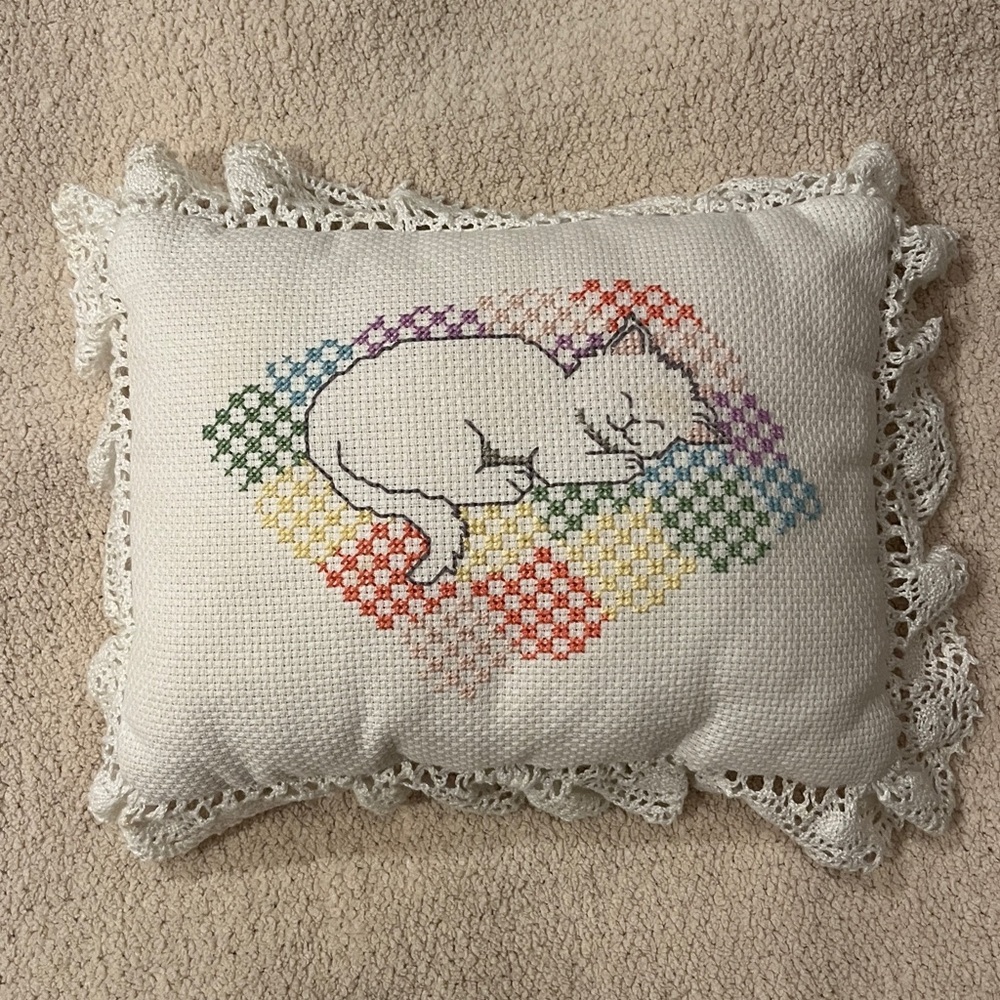 Handmade Crochet Lace Pillow with Cat Design
